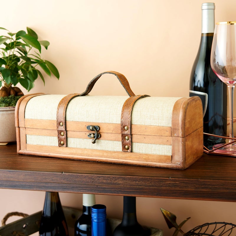 Twine Vintage Trunk Wine Bottle Gift Box, Wood Wine Box with Lid and Handle, Wood, Faux Leather, Brass, Cloth, Holds 1 Bottle - Image 5